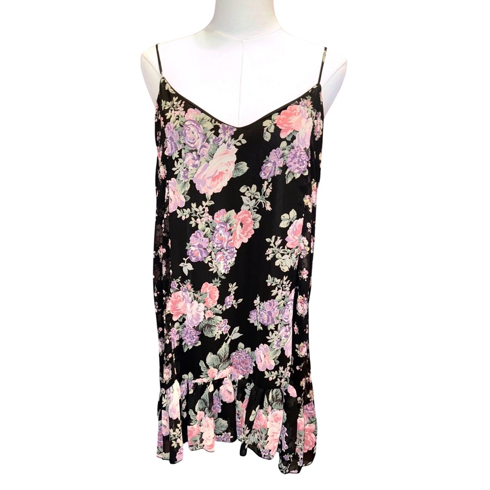Coveted Clothing Black Floral Ruffle Spaghetti Strap Dress Large NEW